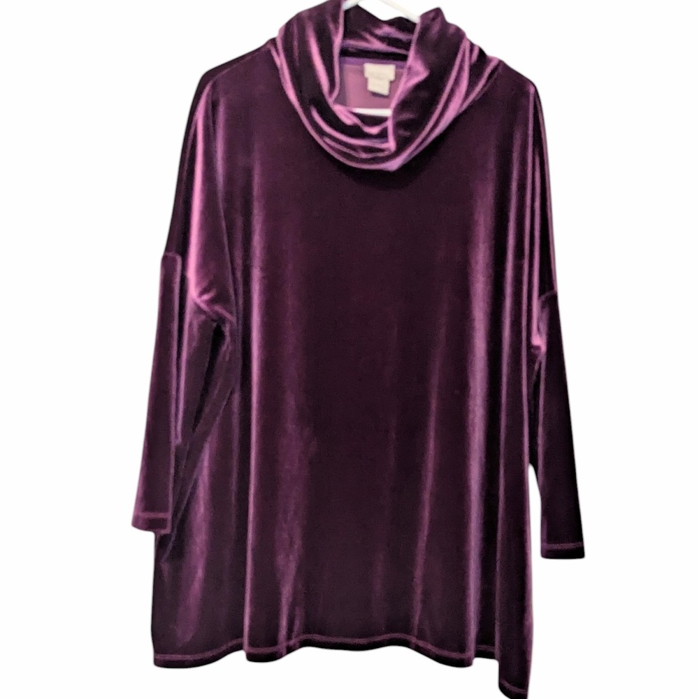 Women's Chicos Traveler's Velvet‎ Cowl Neck Tunic Top Purple Size S/M 3/4 Sleeve